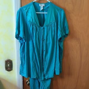 Vanity Fair Teal Two-piece Pajama Set Vintage 2XL Nylon Silky